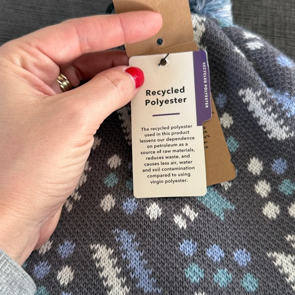 Patagonia Powder Town Pom Pom Beanie Blue, white and Gray NEW Gender Neutral